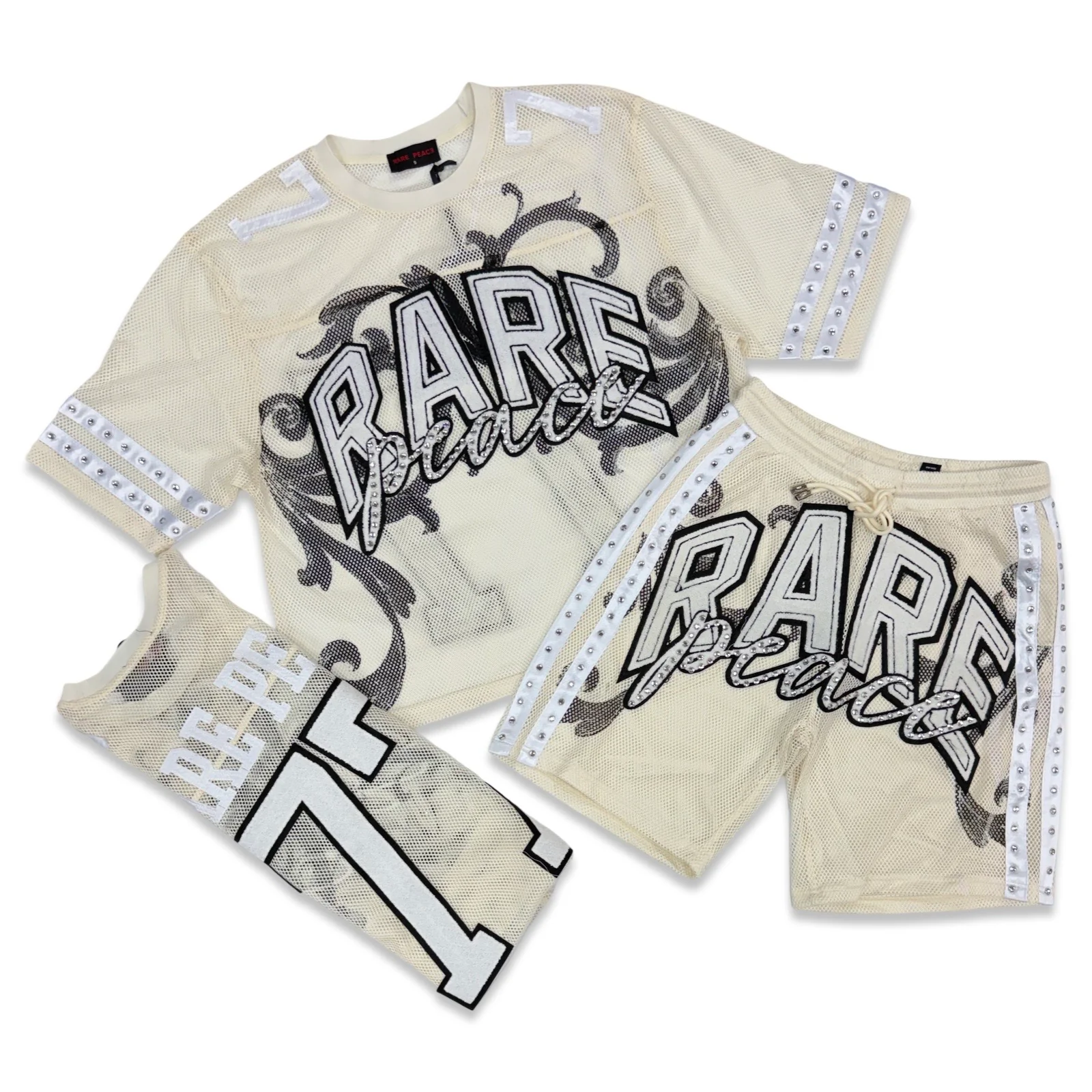 Rare Peace “Mesh” Cream Rhinestone Short Set
