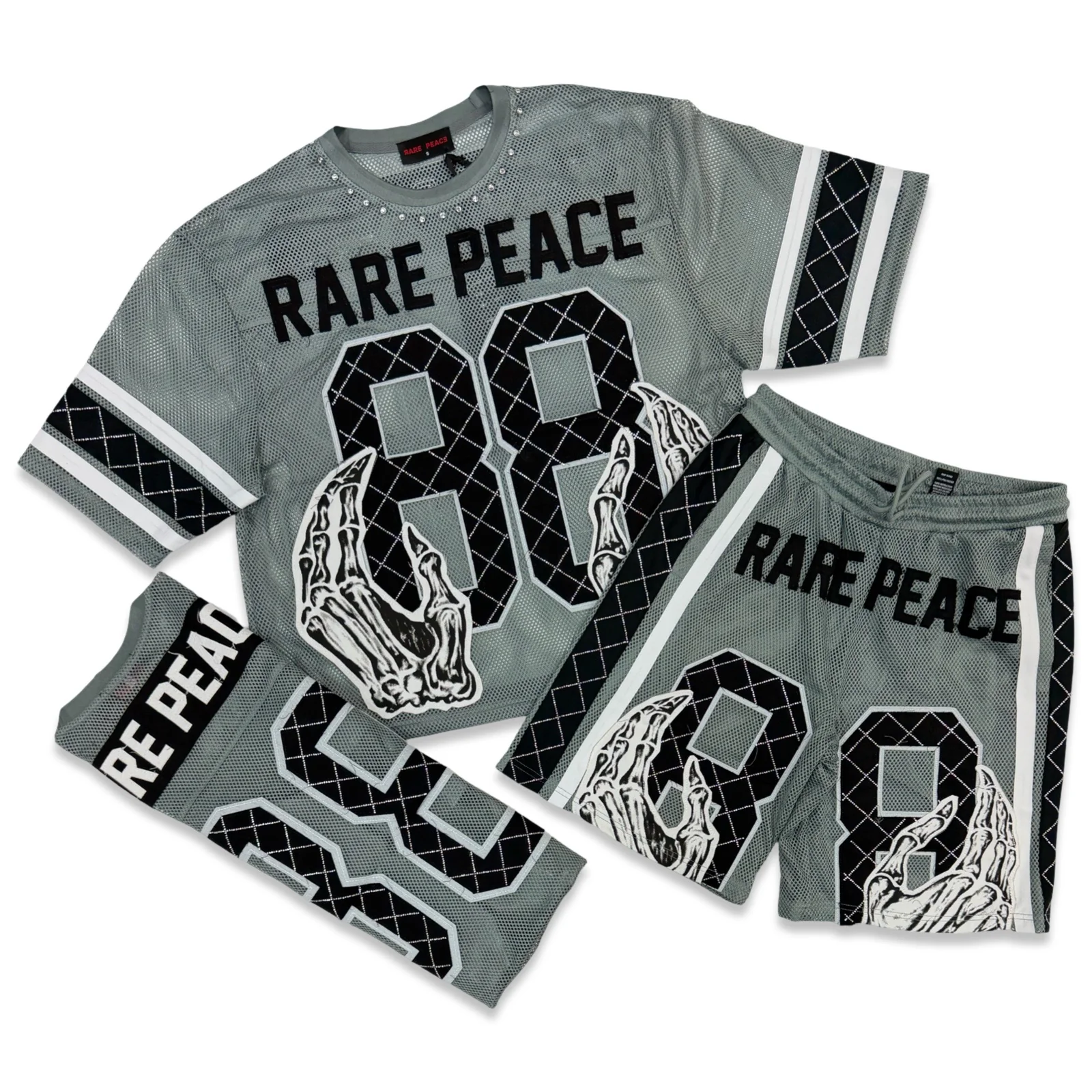 Rare Peace “Mesh” Grey Rhinestone Short Set