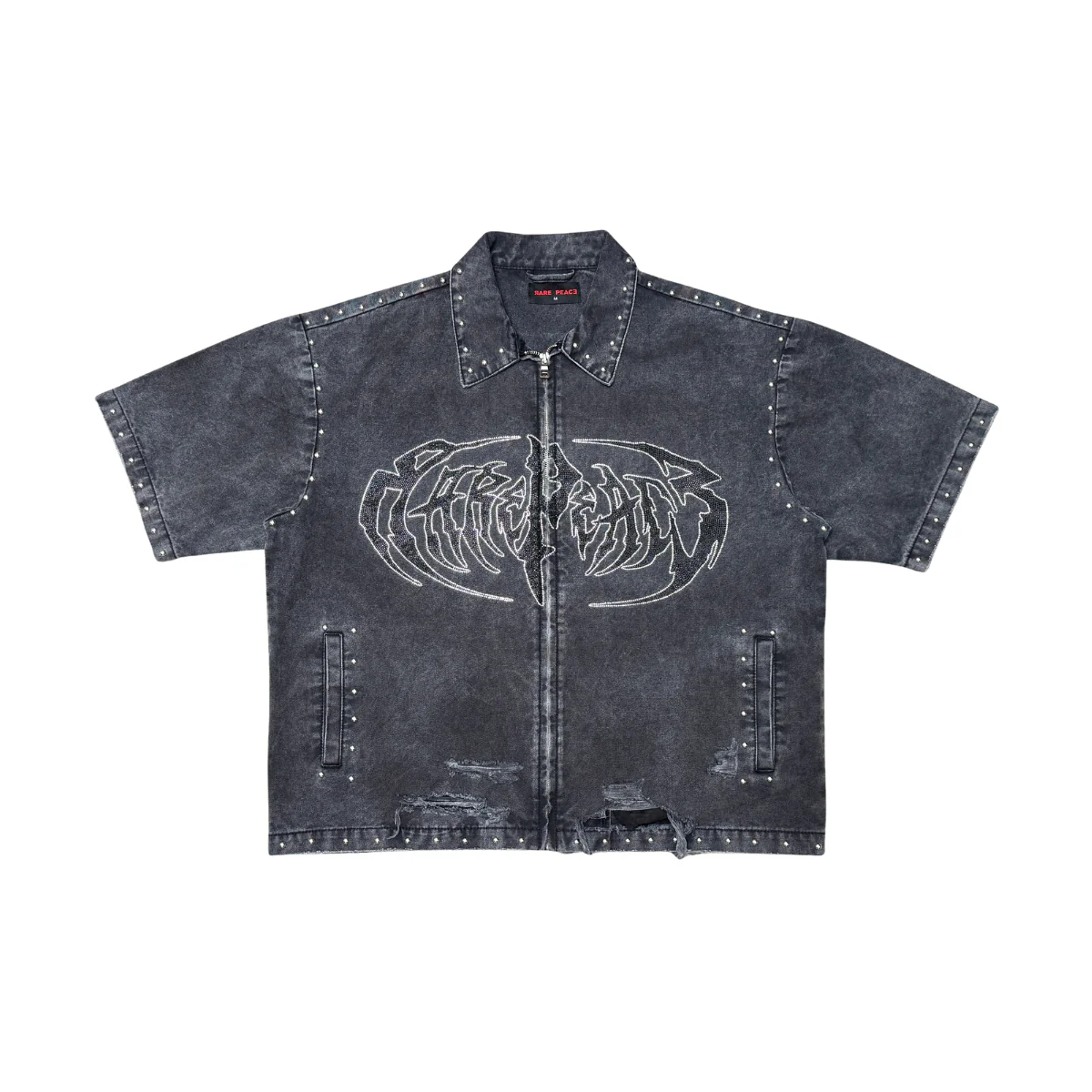 Rare Peace “Twill” Black Wash Rhinestone Zip Down Shirt